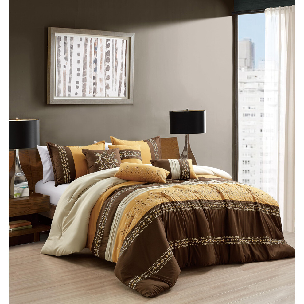 Parure de lit 7 pi   ces ESCA Naenia marron et jaune, ensemble de literie beige jaune marron, taille Queen