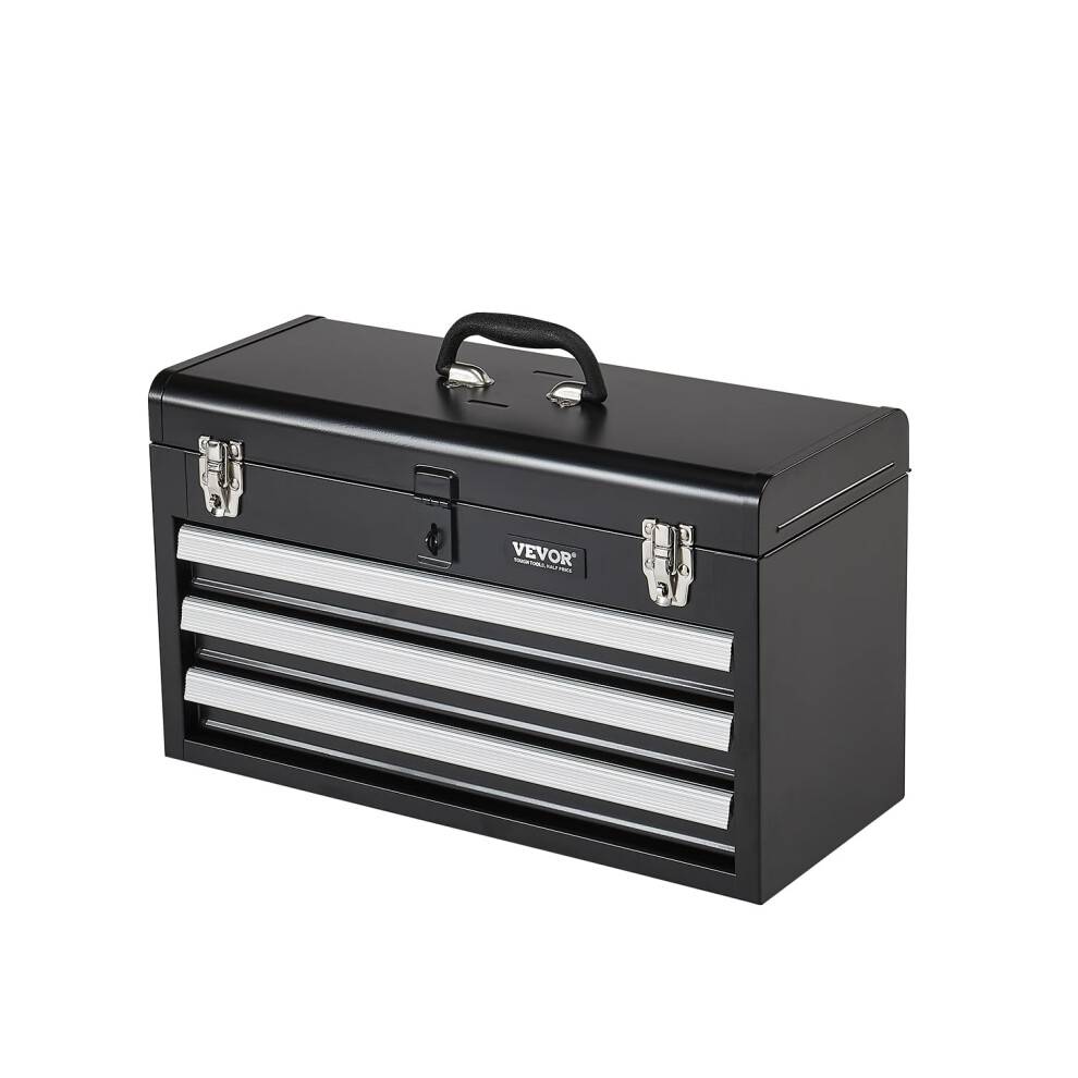 VEVOR Metal Tool Box  20.5-inch  Portable Metal Tool Box with 3 Drawers  Small Tool Chest with EVA Liners  Ball Bearing Slide Drawers Locking & Powder
