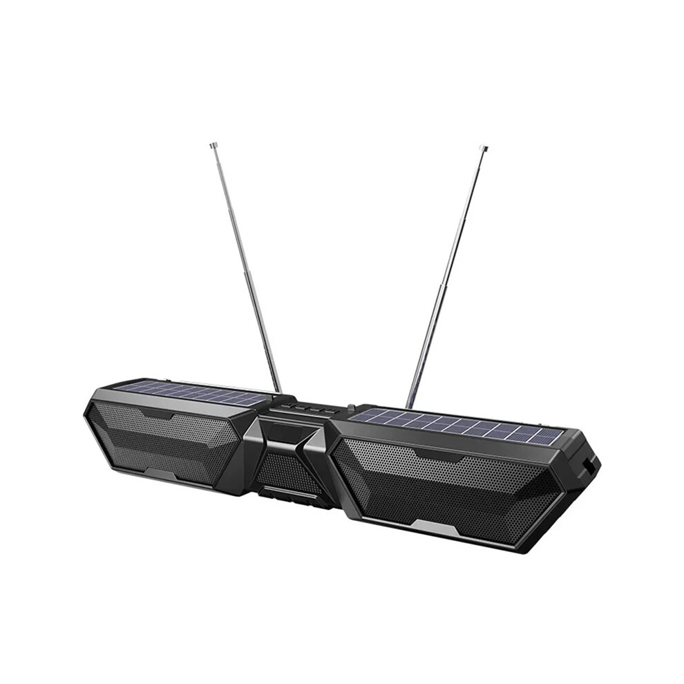 Solar Bluetooth Speaker Wireless Stereo Dual Antenna Outdoor with Phone Charger TF FM USB Holder Black