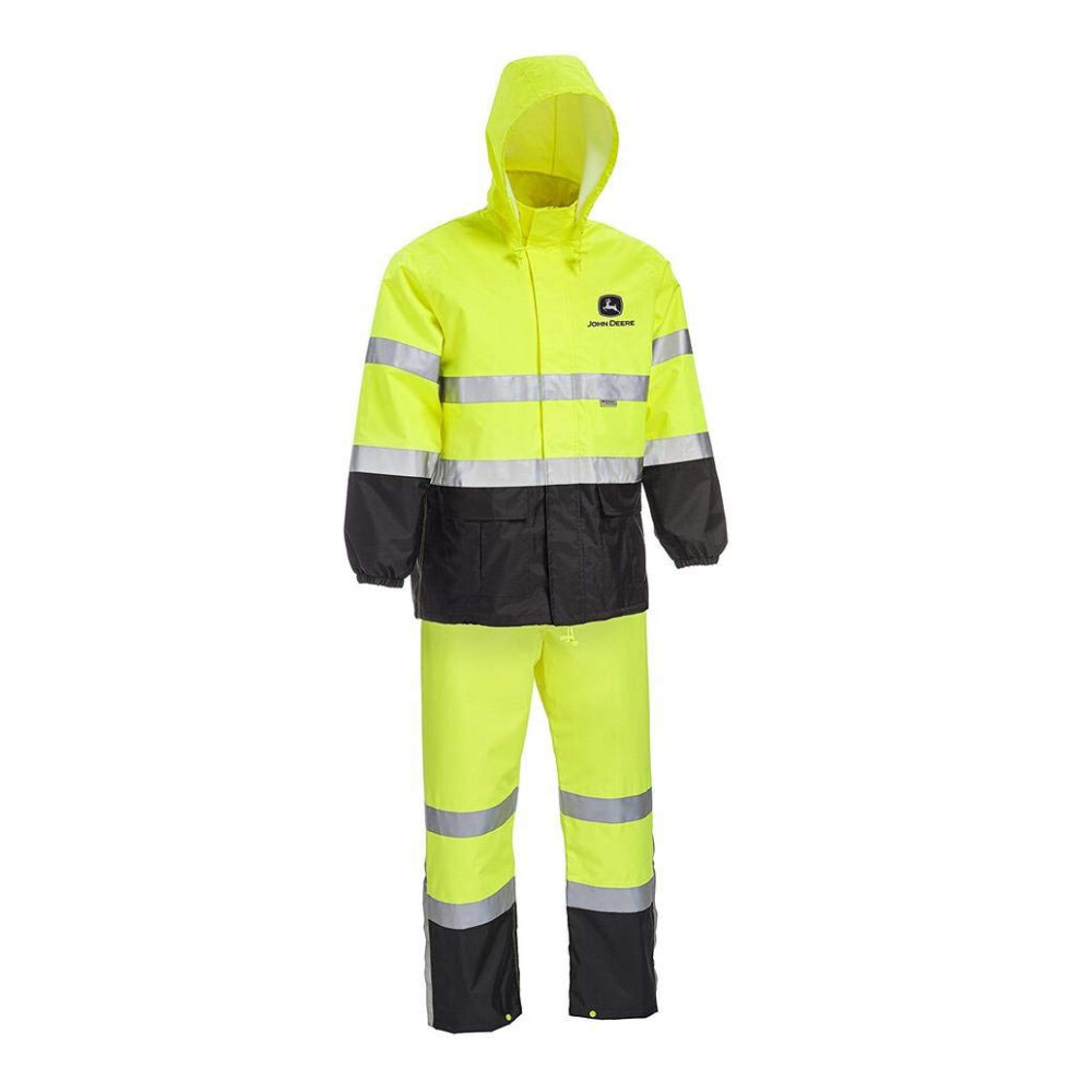 John Deere Unisex High Visability ANSI Class III Rain Suit Jacket and Bib with Color Block  High Visability  Water Resistant  and Reflective 3M Tape