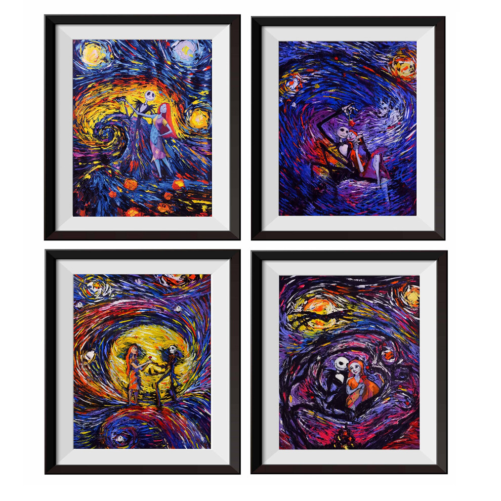 Uhomate 4 pcs Jack Sally Jack and Sally Nightmare Before Christmas Vincent Van Gogh Starry Night Posters Wall Art Wall Decor Bedroom Bathroom Artwork