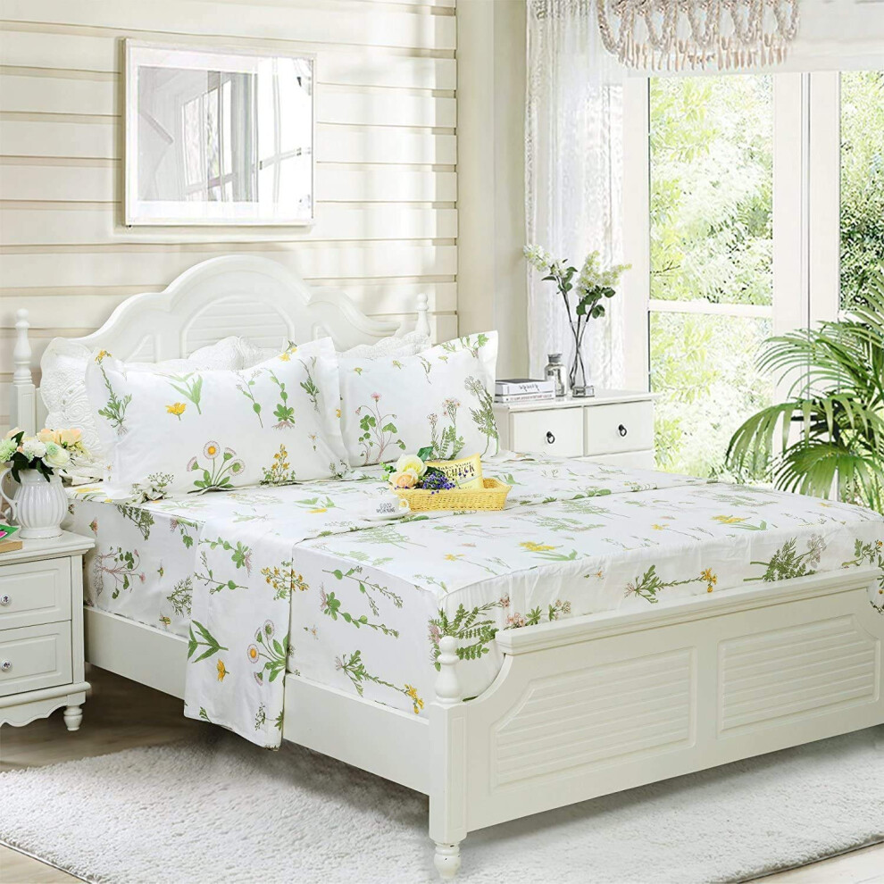 Parure de lit 100 % coton FADFAY, 4 pi   ces, motif floral vert, 1 drap plat, 1 drap-housse et 2 taies d'oreiller, douce et confortable - Twin Ex