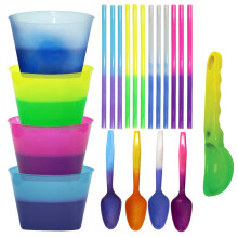 AAkron wiederverwendbares Eiscreme-Set mit Farbwechsel 4 Schsseln, 4 Lffel, 12 Strohhalme, 1 Messlffel reagiert auf eiskalte Temperaturen und