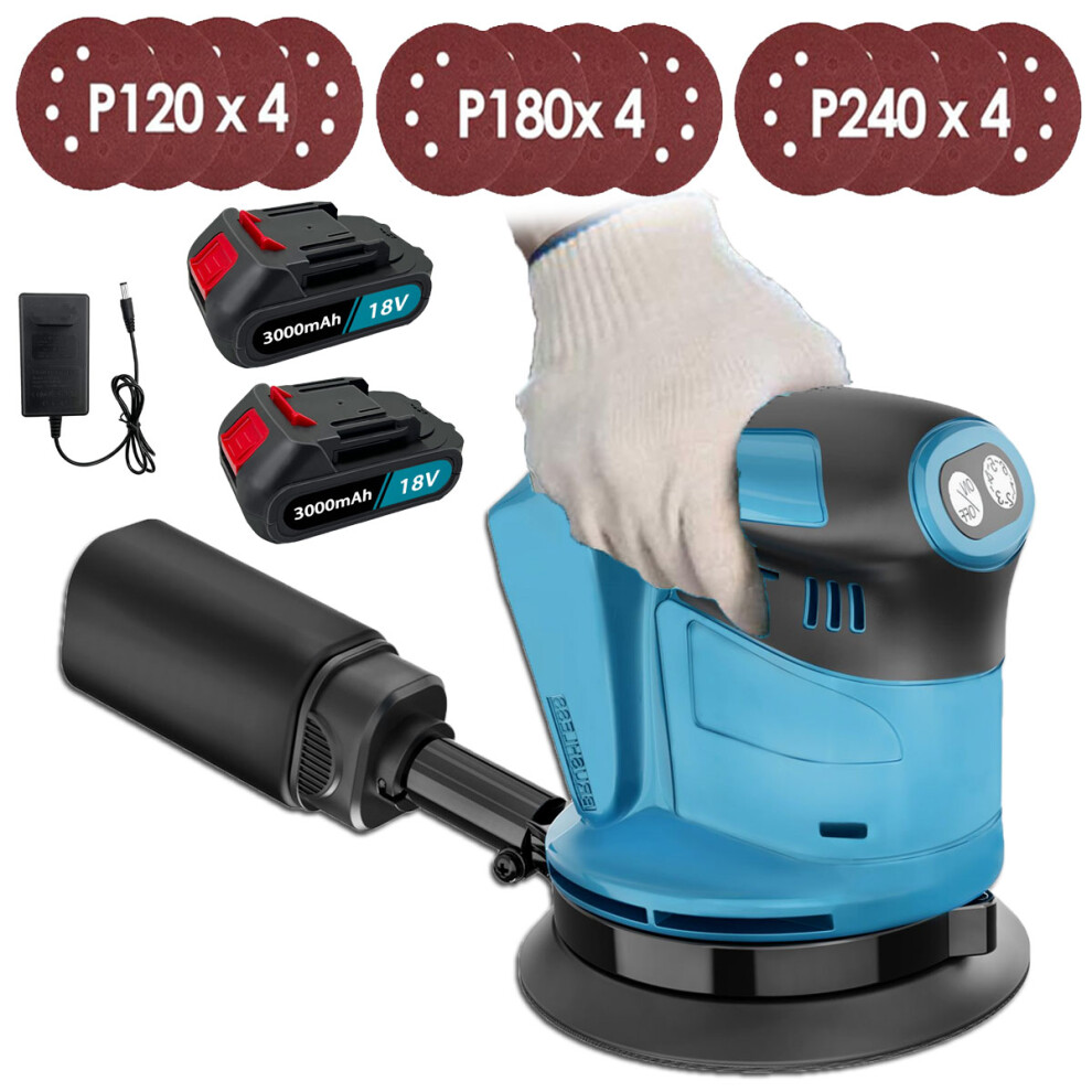 Cordless Orbital Sander 125mm +2x 3.0A Battery+Charger-Makita Compatible