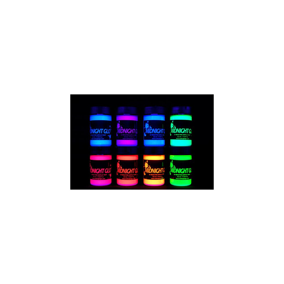 Midnight Glo UV Paint Acrylic Black Light Reactive Bright Neon Colors Set of 8 Bottles Great For Crafts  Art & DIY Projects  Blacklight Party0.75 oz