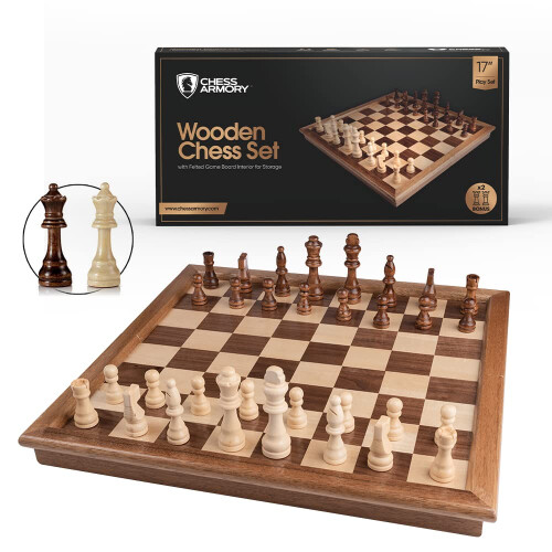 Conjunto de Xadrez em Madeira Chess Armory - Tabuleiro de 17 polegadas para Adultos e Crianças com Peças Extra de Rainha