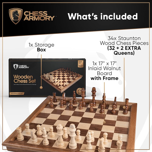 Conjunto de Xadrez em Madeira Chess Armory - Tabuleiro de 17 polegadas para Adultos e Crianças com Peças Extra de Rainha 1