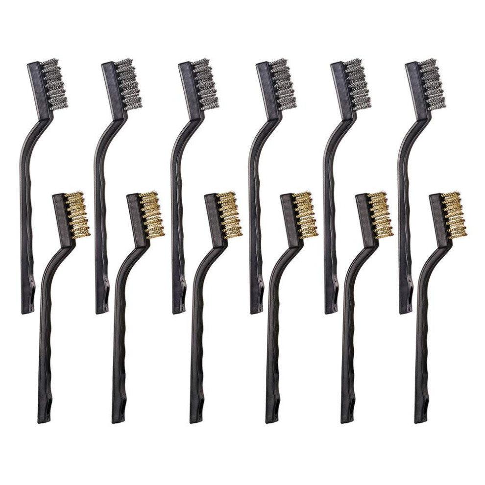 12Pcs Mini Wire Brushes Stainless Steel & Brass Brush Set Curved Handle Scratch Brush For Automotive Cleaning Welding Slag And Rust 716605196276