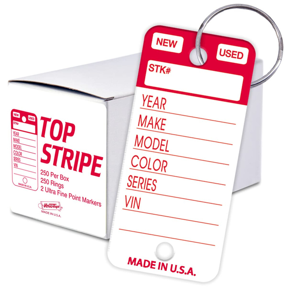 Versa-Tags Top Stripe Key Tags  250 Car Key Tags Write On Heavy Duty Plastic Key Tags  and White Tear Proof Vinyl Poly Key Tags Red  2 Markers and 250