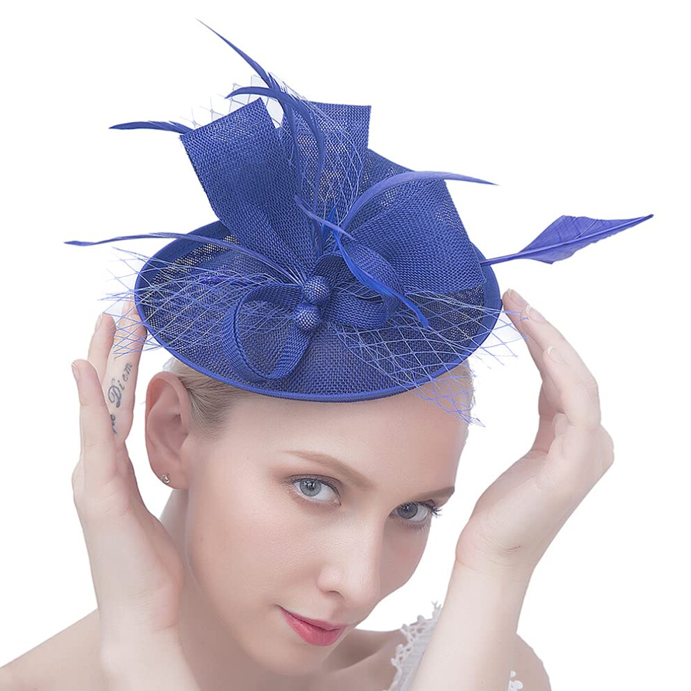 FELIZHOUSE Fascinator-H?te f?r Damen, Feder-Cocktailparty-H?te, Braut-Kopfbedeckungen, Ascot-Fascinator-Stirnband Nr. 2, Batist, Seeblau