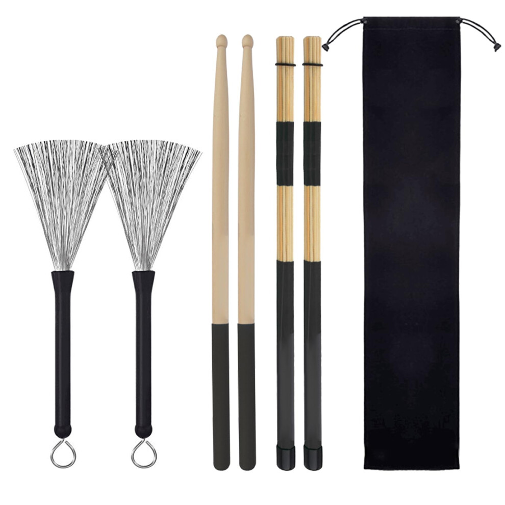 Qiuye Drum Stick Brush Set, 1 Coppia 5 A Classico In Legno Di Acero Bacchette 1 Coppia Retrattile Drum Filo Spazzole E 1 Coppia Aste Tamburo Spazzole Per Jazz Folk, Totale 3 Paia Con-image