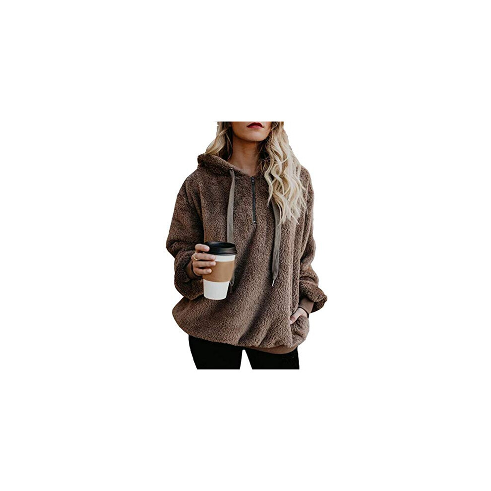 Sweat     capuche oversize en sherpa pour femme, pull polaire duveteux avec poches, marron, taille XL
