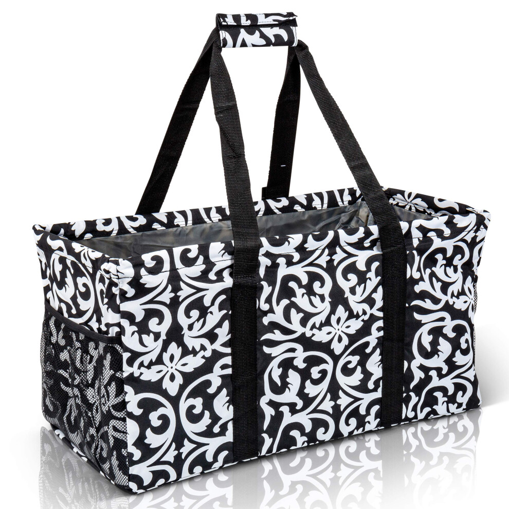 Lucazzi Extra Large Utility Tote Bag - Oversized Collapsible Reusable Wire Frame Rectangular Canvas Basket With Two Exterior Pockets For Beach Pool