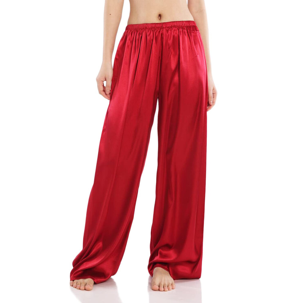 Pantalon de pyjama     jambes larges Wantschun pour femme, en satin de soie, d   contract   , ample, taille    lastique, rouge vin, taille S
