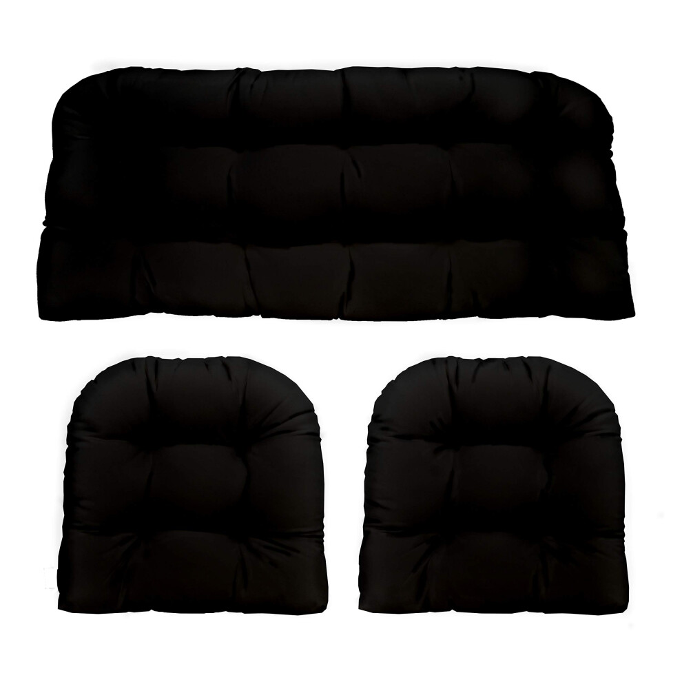 RSH Decor Indoor Outdoor 3 Piece Tufted Wicker Settee Cushions 1 Loveseat & 2 U-Shape Weather Resistant - Choose Color Black 2- 19x19 1- 41x19 3 Pie