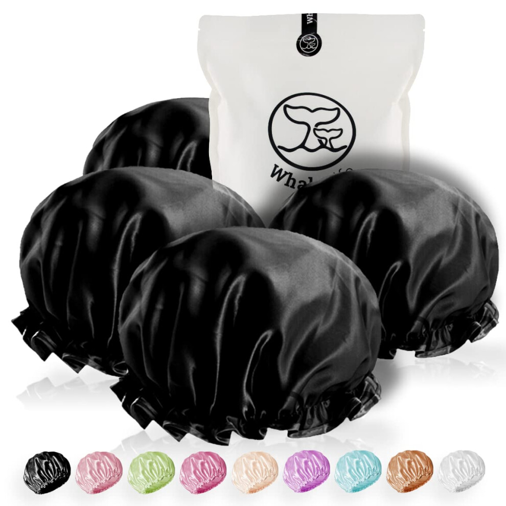 Walvisleven Black Extra Large Reusable Shower Cap For Men Women 4 Pack Satin Double Layer Eva Waterproof Long Hair Cap