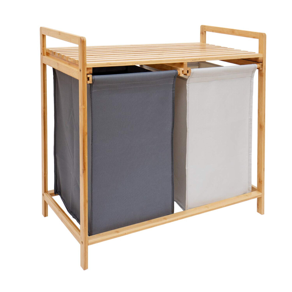 COMELLOW Bamboo Laundry Hamper and Shelf 2 Sections Laundry Basket with Removable Liner Dual Compartments Laundry Organizer and Storage Wooden