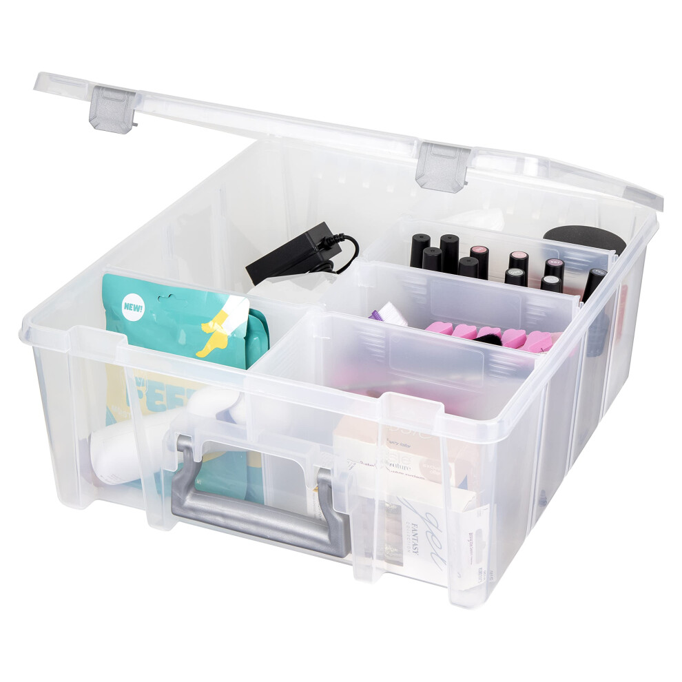 AB Designs 6990ABD Super Satchel Double Deep with Removable Dividers  Stackable Home Storage Organization Container  Clear with Sliver Latches and Han