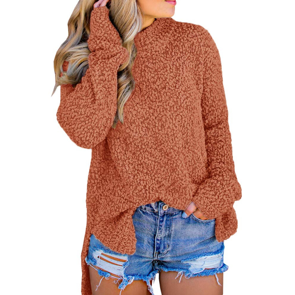 Pull en tricot pelucheux pour femme Imily Bela, polaire sherpa, fente lat?rale, manches longues, v?tement d'ext?rieur, rouge brique