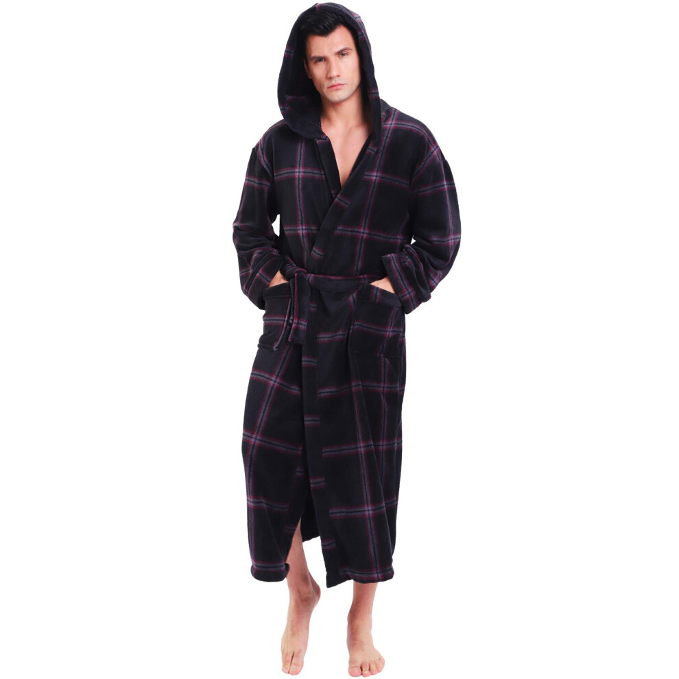 Peignoir de bain ? capuche KEMUSI ? chevrons pour homme, doux et confortable, ? carreaux rouge fonc?, longueur compl?te, XL
