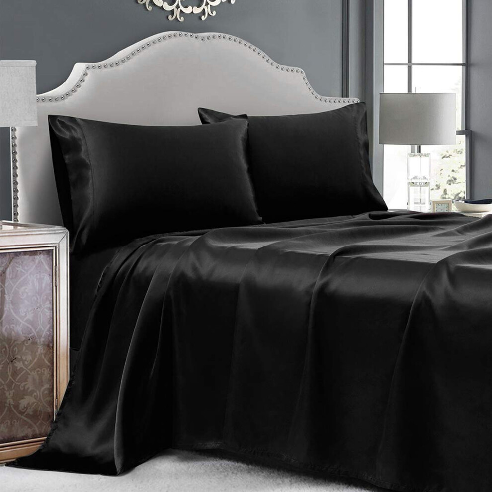 Cobedzy Parure de lit 3 pi   ces en satin noir pour lit double, douce et soyeuse, avec 1 drap-housse     poche profonde, 1 drap plat et 1 taie d'orei