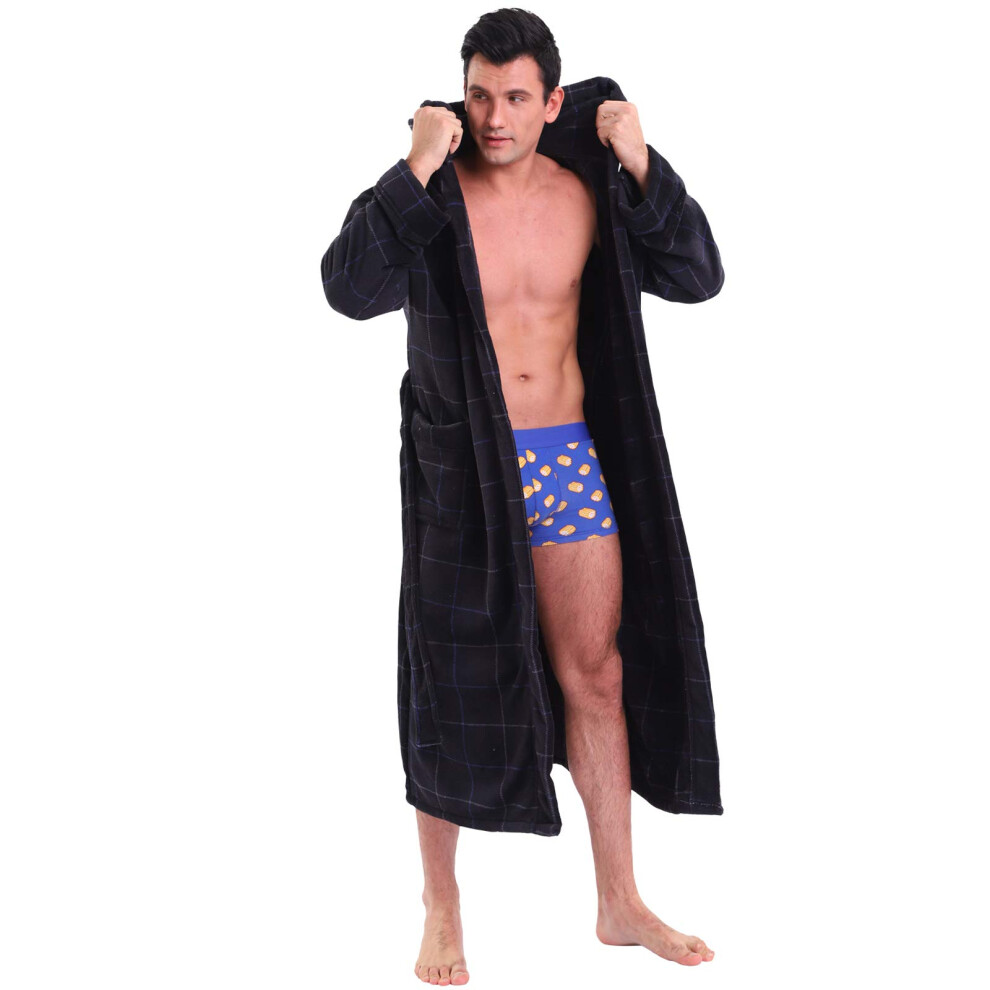 KEMUSI Peignoir de bain ? capuche et chevrons pour homme, gris fonc?, doux, avec bande bleue, confortable, longueur compl?te, chaud, XL