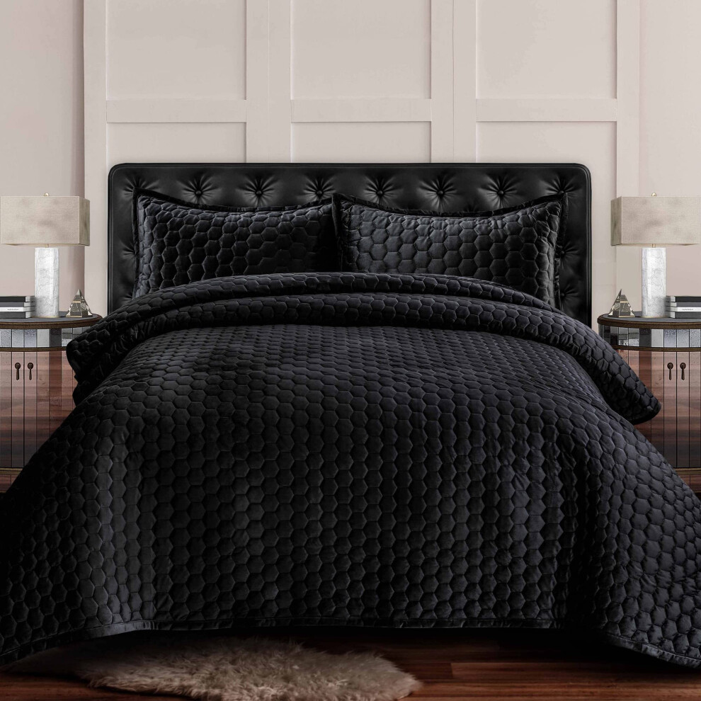 Tribeca Living Velvet Queen Quilt Three-Piece Honeycomb Stitch Bedding Set Includes One Oversized Quilt & Two Sham Pillowcases 260Gsm Super Soft Vel