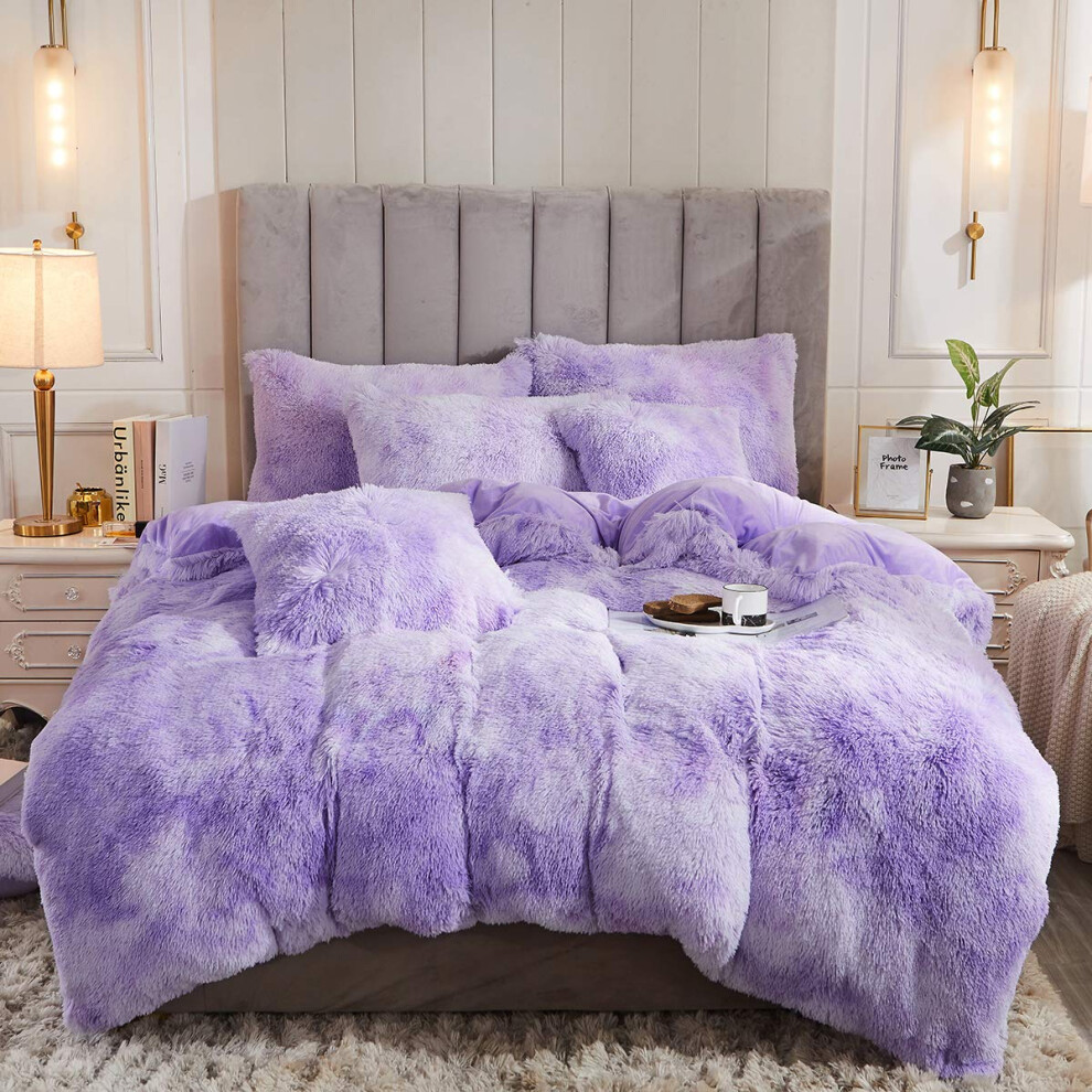 Parure de lit en fausse fourrure imprim   e tie-dye Uhamho, housse de couette moderne et abstraite en peluche     poils longs avec taies d'oreiller,