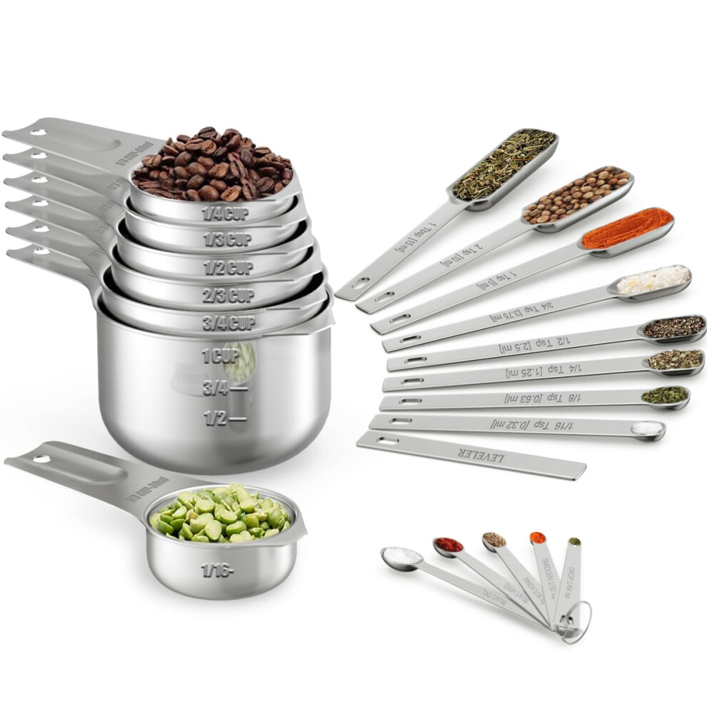 Wildone Measuring Cups & Spoons Set of 21 - Includes 7 Stainless Steel Nesting Cups 8 Measuring Spoons 1 Leveler & 5 Mini Measuring Spoons Ideal fo