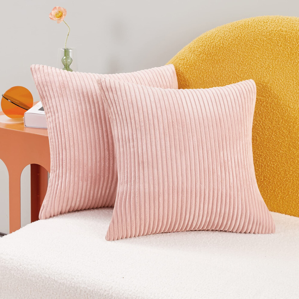 Housse de coussin carr   e en velours c   tel    Deconovo rose corail 45 x 45 cm avec rayures pour chambre     coucher, canap   , salon, lot de 2