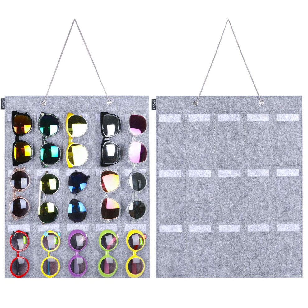 Arouy Sunglasses Organizer Storage Hanging Wall Pocket Glasses Organizer - 15 Felt Slots Sunglass Organizer Holder Eyeglass Display With Sturdy Rope
