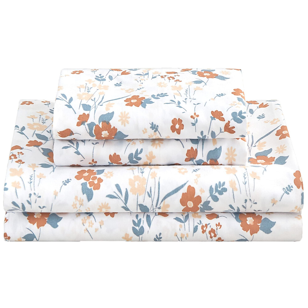 Parure de lit double     imprim    floral, 4 pi   ces, draps-housses     motif floral orange, pour lit double, avec poche profonde de 38 cm