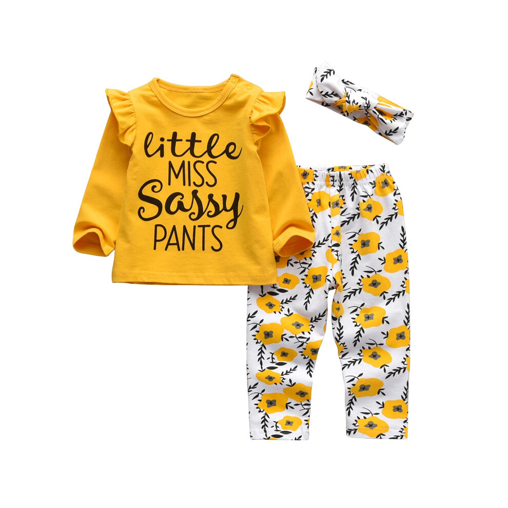 3-Teiliges Outfit-Set F R Baby-M Dchen Little Miss Sassy , Lang Rmelige Oberteile Mit Buchstaben, Blumen, Hosen Und Stirnband (9 12 Monate)-image