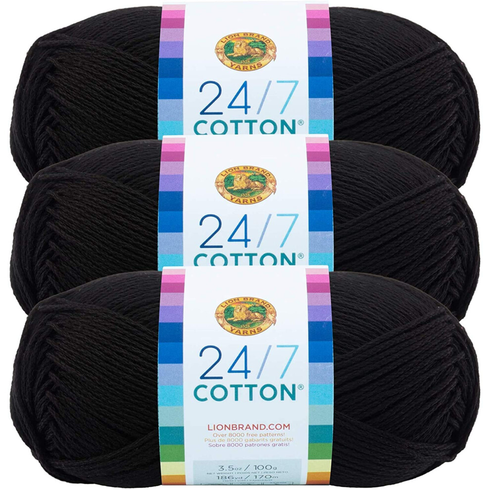 Lion Brand 24/7 Cotton Yarn  Yarn for Knitting  Crocheting  and Crafts  Black  3 Pack