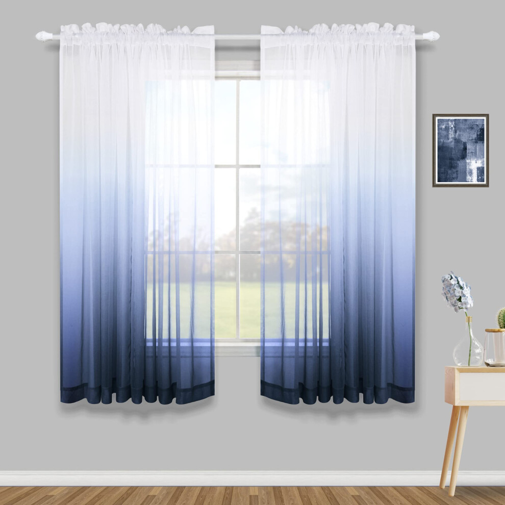 KOUFALL Navy Blue Sheer Curtains 63 Inch Length for Boys Room Decor Set of 2 Panels Window Drapes Ombre Patriotic Curtains for Bedroom Teen Kids Decor