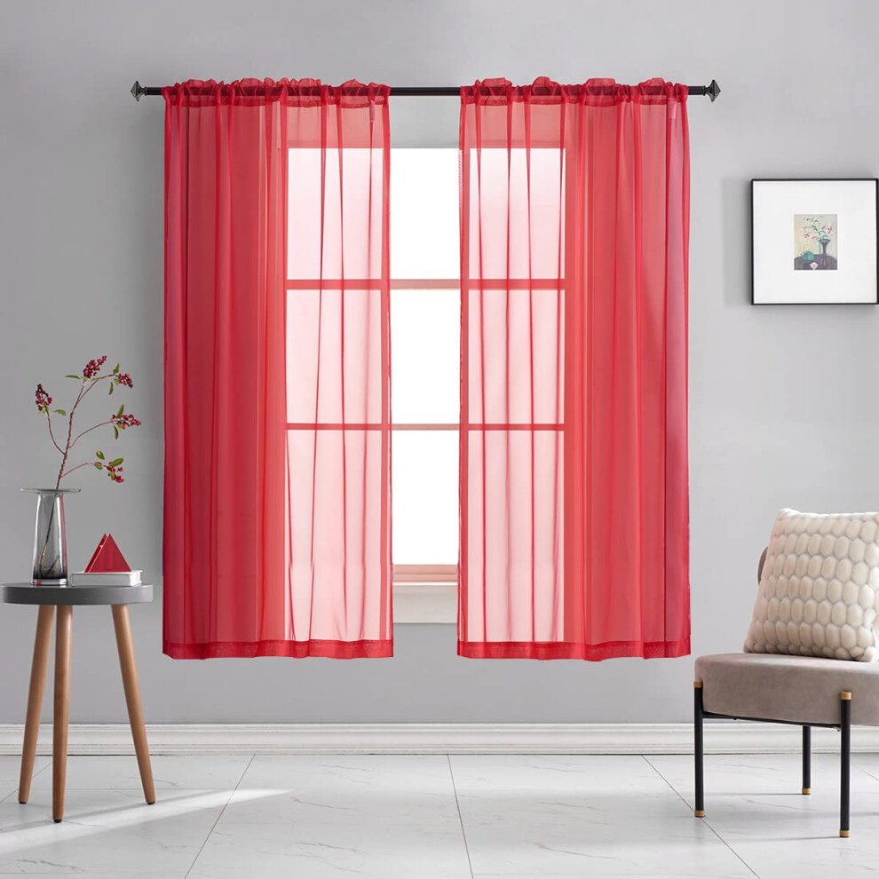 TOAVA DECO Rideaux en voile transparent rouge translucide de couleur unie, 160 cm de long, passe-tringle, pour chambre     coucher, salon, 2 pannea