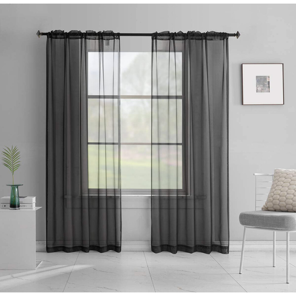 TOAVA DECO Rideaux en voile transparent noir translucide de couleur unie, 183 cm de long, passe-tringle, pour chambre     coucher, salon, 2 panneau