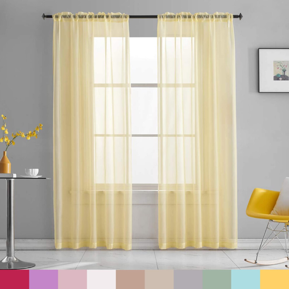 TOAVA DECO Rideaux en voile transparent jaune clair, couleur unie, translucide, 213 cm de long, passe-tringle, pour chambre     coucher