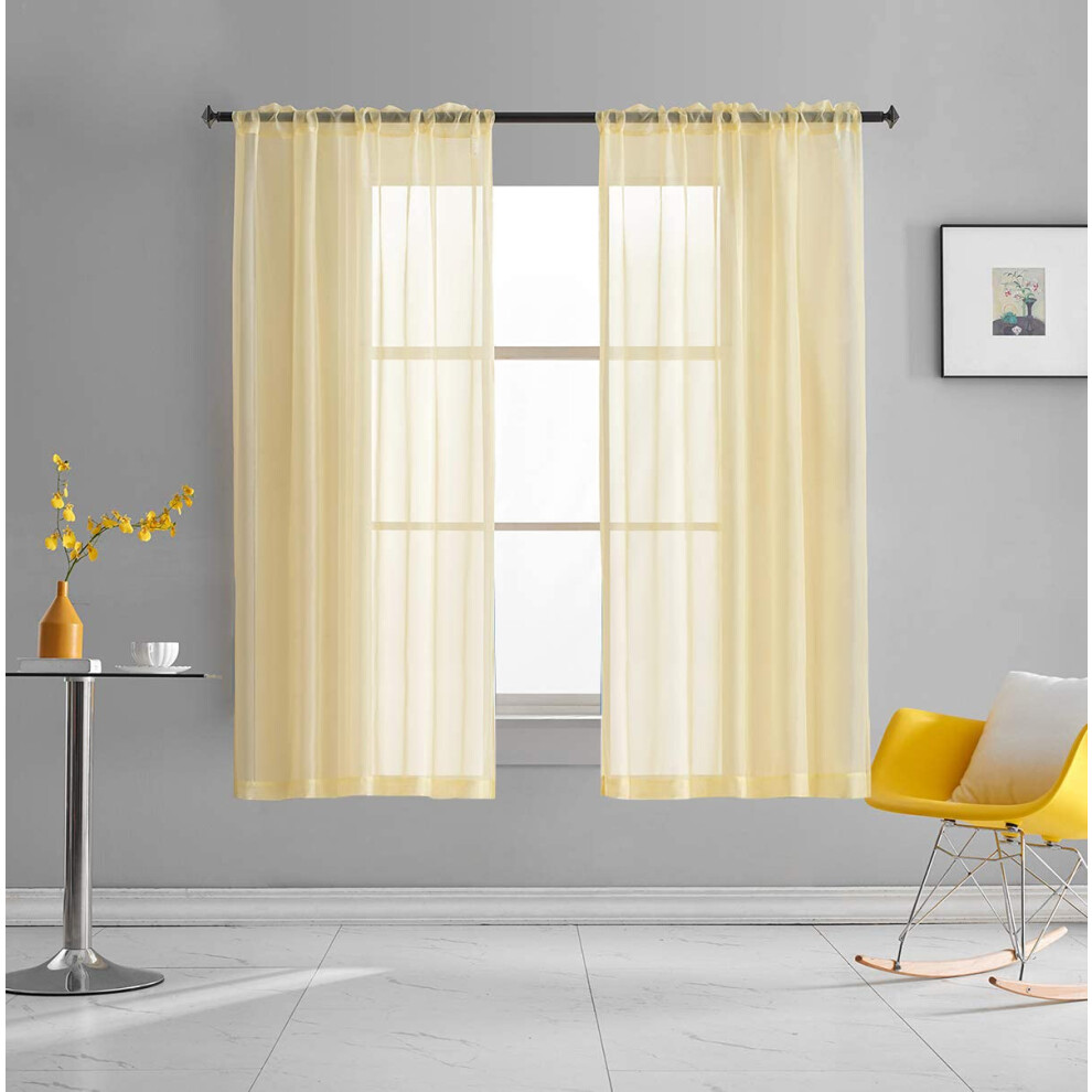 TOAVA DECO Rideaux en voile transparent jaune clair, couleur unie, translucide, 160 cm de long, passe-tringle, pour chambre     coucher