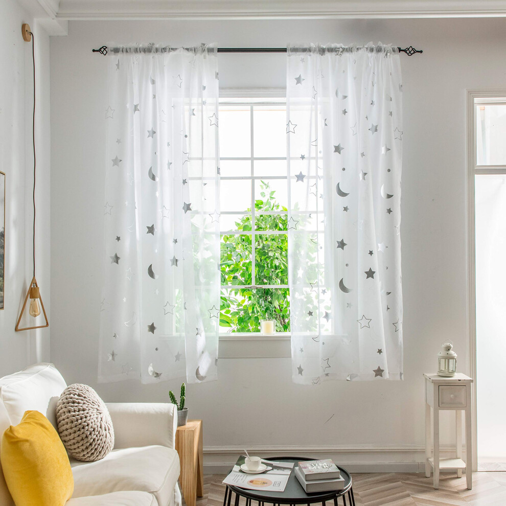 Transparente Vorhange Mit Sternen- Und Mondmotiv, Susse Weisse Vorhange, 160 Cm Lange, Fur Kinder- Und Madchenschlafzimmer, Vorhange Mit Galaxie-We-image