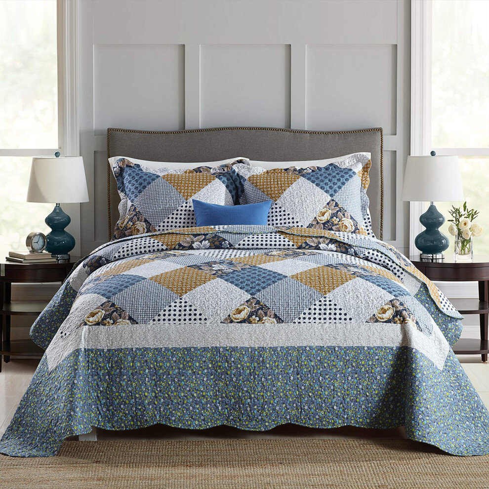 Parure de lit Travan 3 pi   ces avec couvre-lit king size, motif patchwork floral, r   versible, doux et matelass   , pour toutes les saisons.