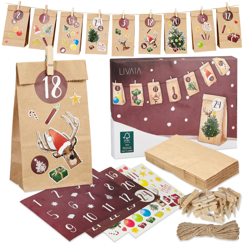 Livaia Calendario Dell’Avvento Fai Da Te 2025 - Kit Per Creare Il Tuo Calendario Con 24 Sacchetti, Adesivi E Busta Regalo - Calendario Dell’Avvento Personalizzabile - ‎18 X 9 X 0,03 Cm-image
