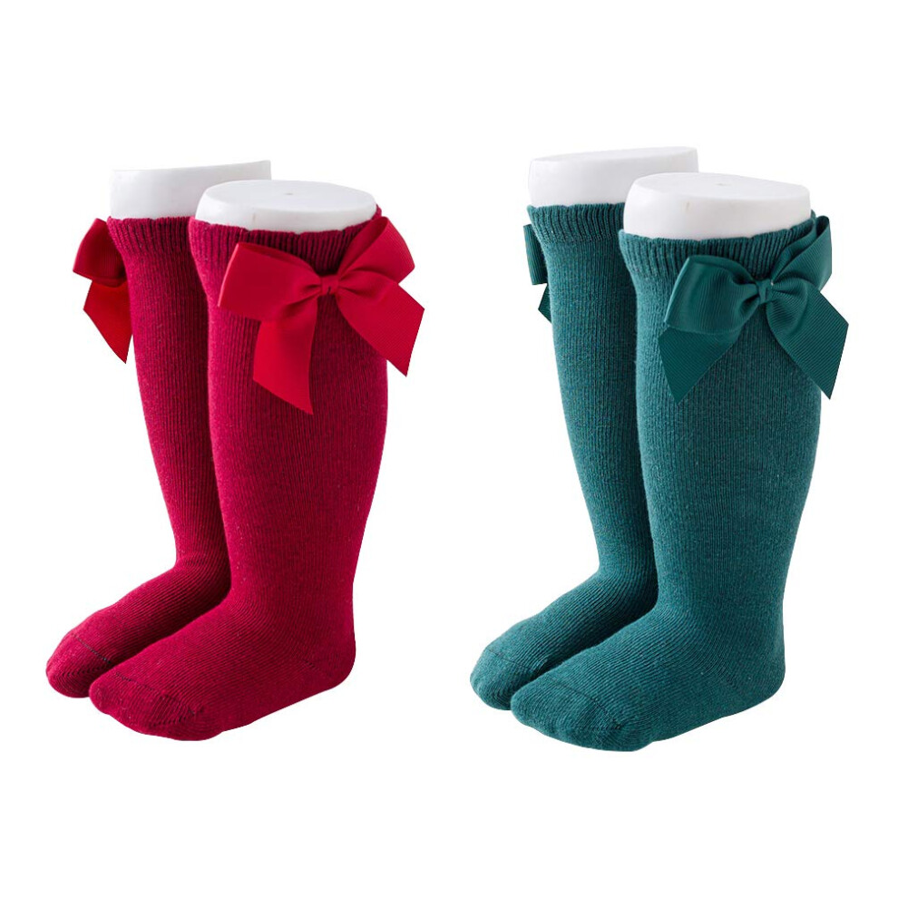 Maorrew 2 Pack Baby Girls Knee High Socks Bow Long Stockings Infants Toddlers Cotton Ruffled Uniform Leggings Wine Red/Green 2-3T