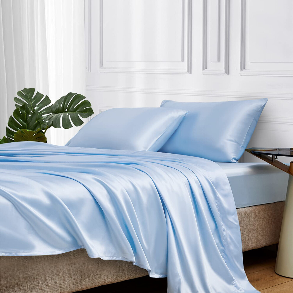 Parure de lit MR&HM en satin pour lit queen size, 4 pi   ces, soyeuse, avec poche profonde de 38 cm, pour matelas Queen, bleu clair