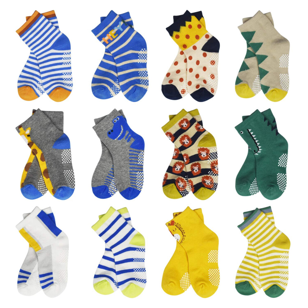 HYCLES Toddler Socks With Grip Non-Skid 12 Pairs Baby Kids Sticky Slipper Cotton Crew Socks 1-3/3-5/5-7T Children/Boy/Girl