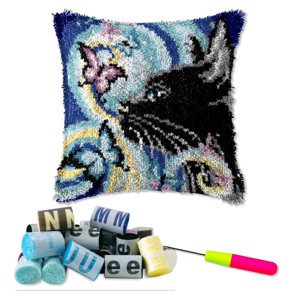 DL-YTG Latch Hook Kits Pillow Black Cat Left Crochet Yarn Cushion Colour Pre-Printed Canvas Rug Needlework DIY Pillowcase Hook and Latch Kit Christmas