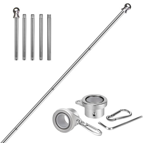 G128 Combo Pack: 6 ft Tangle Free Aluminum Spinning Flagpole (Silver) & Betsy Ross 1776 Flag 3x5 ft, LiteWeave Pro Series Printed 150D Polyester