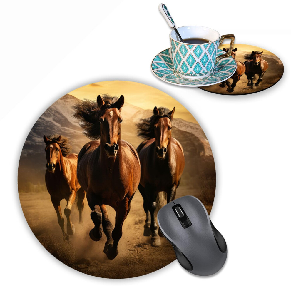 Round Mouse Pad With Coasters Set Running Horse Design Mouse Pad Non-Slip Rubber Mousepad Office Accessories Desk Decor Mouse Pads For Computers Lapt 8133043180223