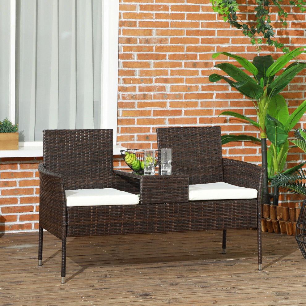 Outsunny Rattan Garden Bench w/ Glass Tea Table, Wicker Chair w/ Cushions, Brown