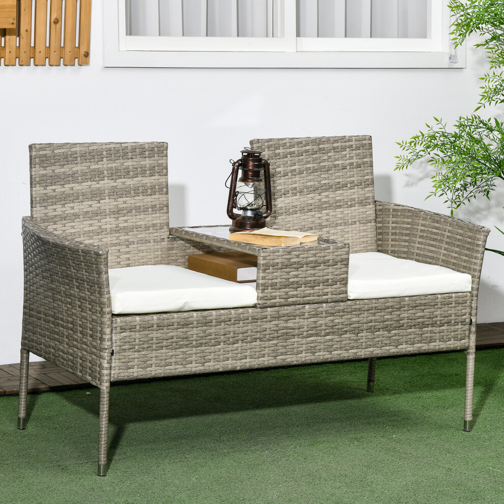 Outsunny Rattan Garden Bench W/ Glass Tea Table, Wicker Chair W/ Cushions, Grey